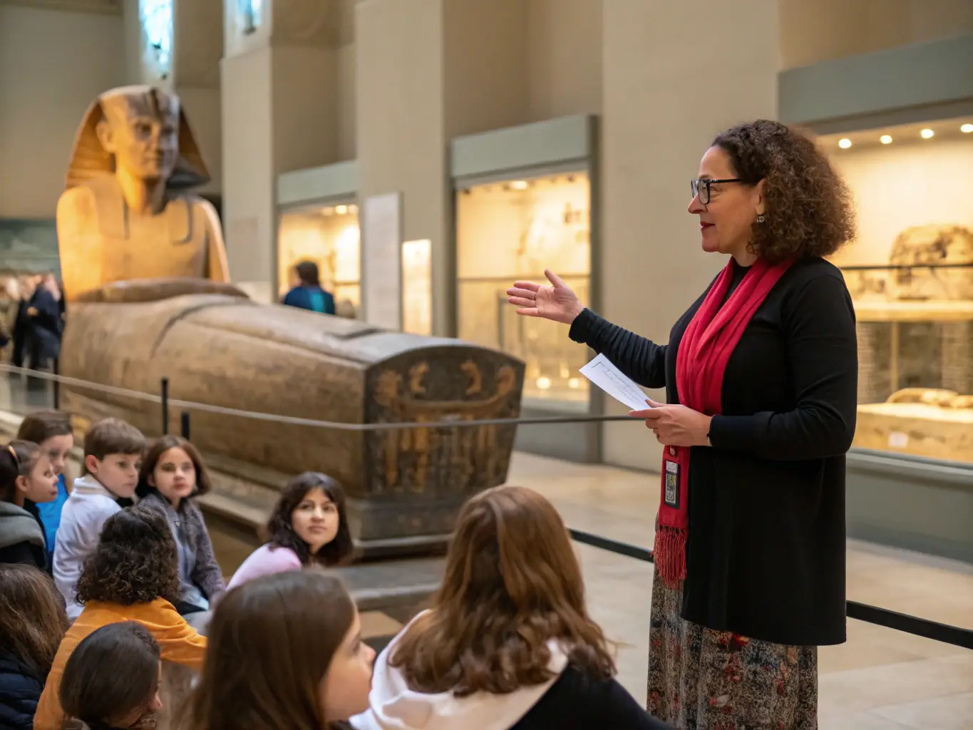 A photograph of a museum curator giving a guided tour to a group of students, showcasing historical artifacts and explaining their significance.