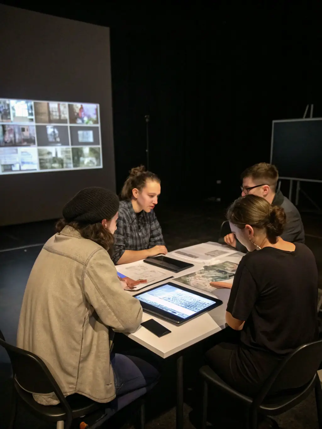 An image showing museum staff collaborating on a new exhibit design, emphasizing teamwork and creative problem-solving.