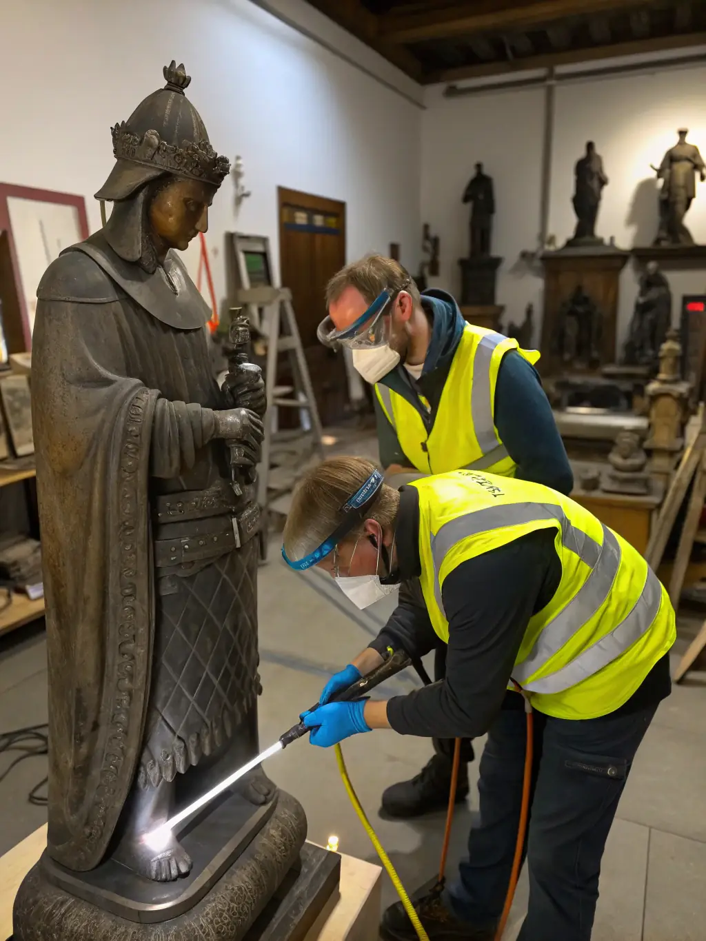 A photo of museum conservators working on restoring a historical artifact, emphasizing the importance of preservation efforts.